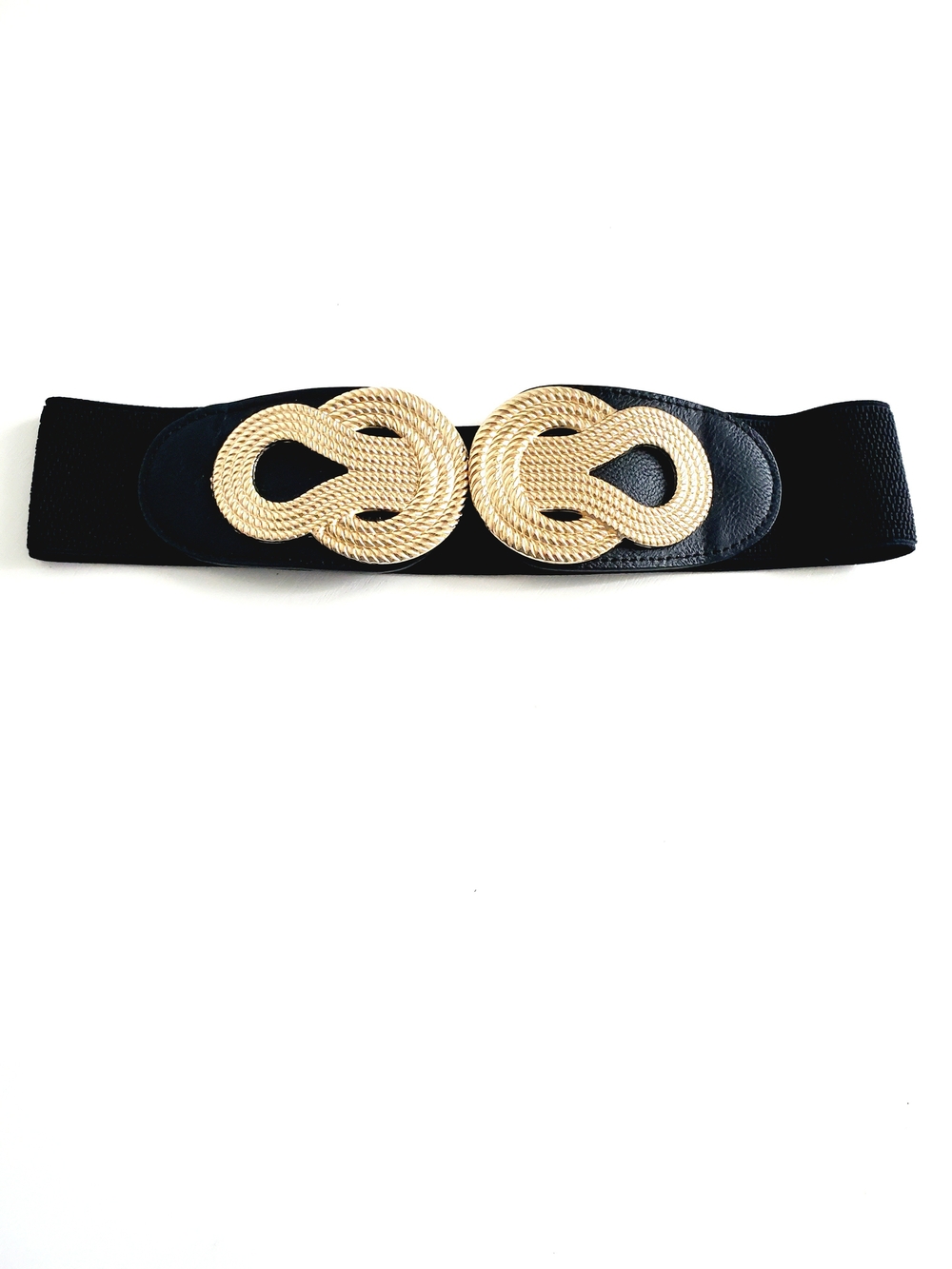 Black Elastic Waist Belt with Gold Rope Knot Buckle